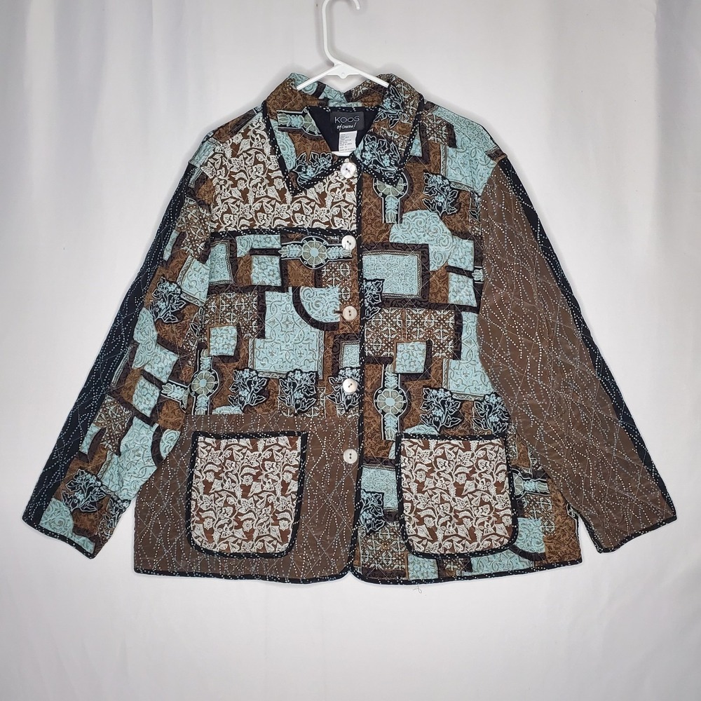 Koos Of Course Silk Patchwork Jacket‎ Women 1X Brown Teal Boho Artsy Country 90s
